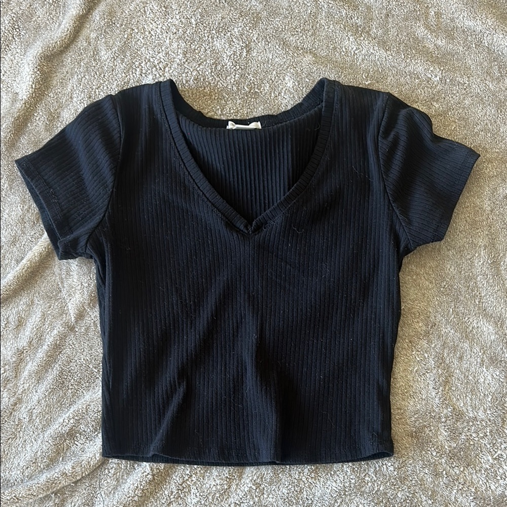 Classic Black V-Neck Ribbed Women's Crop Top